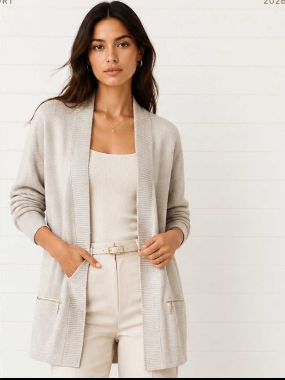 MAGASCHONI Cardigan Sweater Ribbed Pockets Tunic Lightweight Beige Neutral Plus
